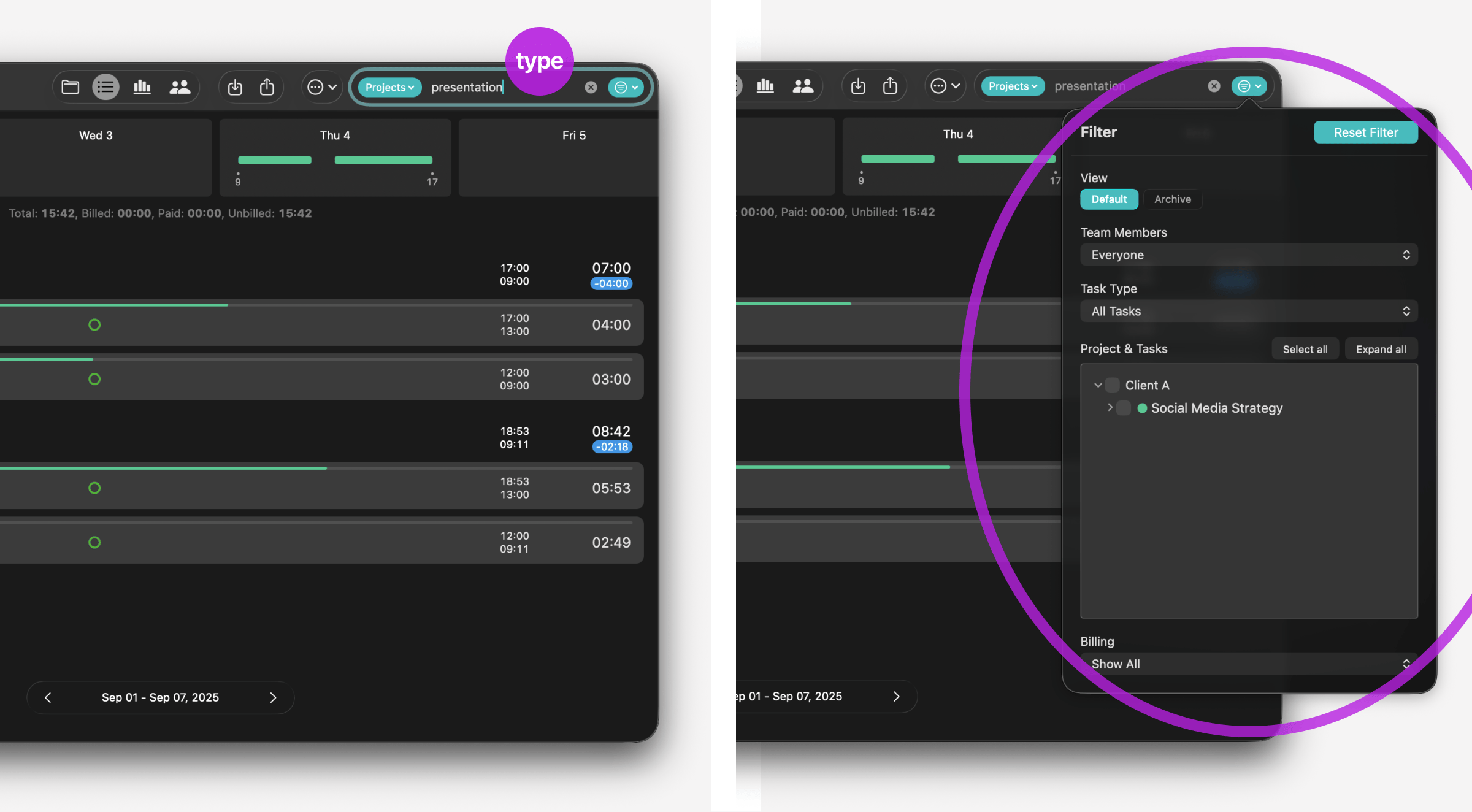 Search and filter in Tyme
