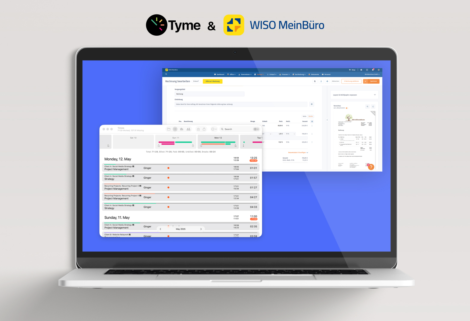 Tyme & WISO MeinBüro – Create e-invoices from tracked hours