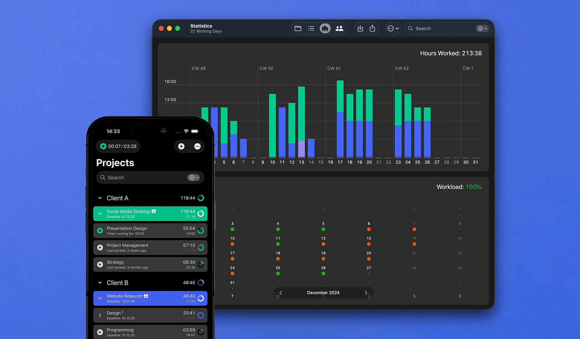 In the app: overview of your projects and workload In the app: overview of your projects and workload