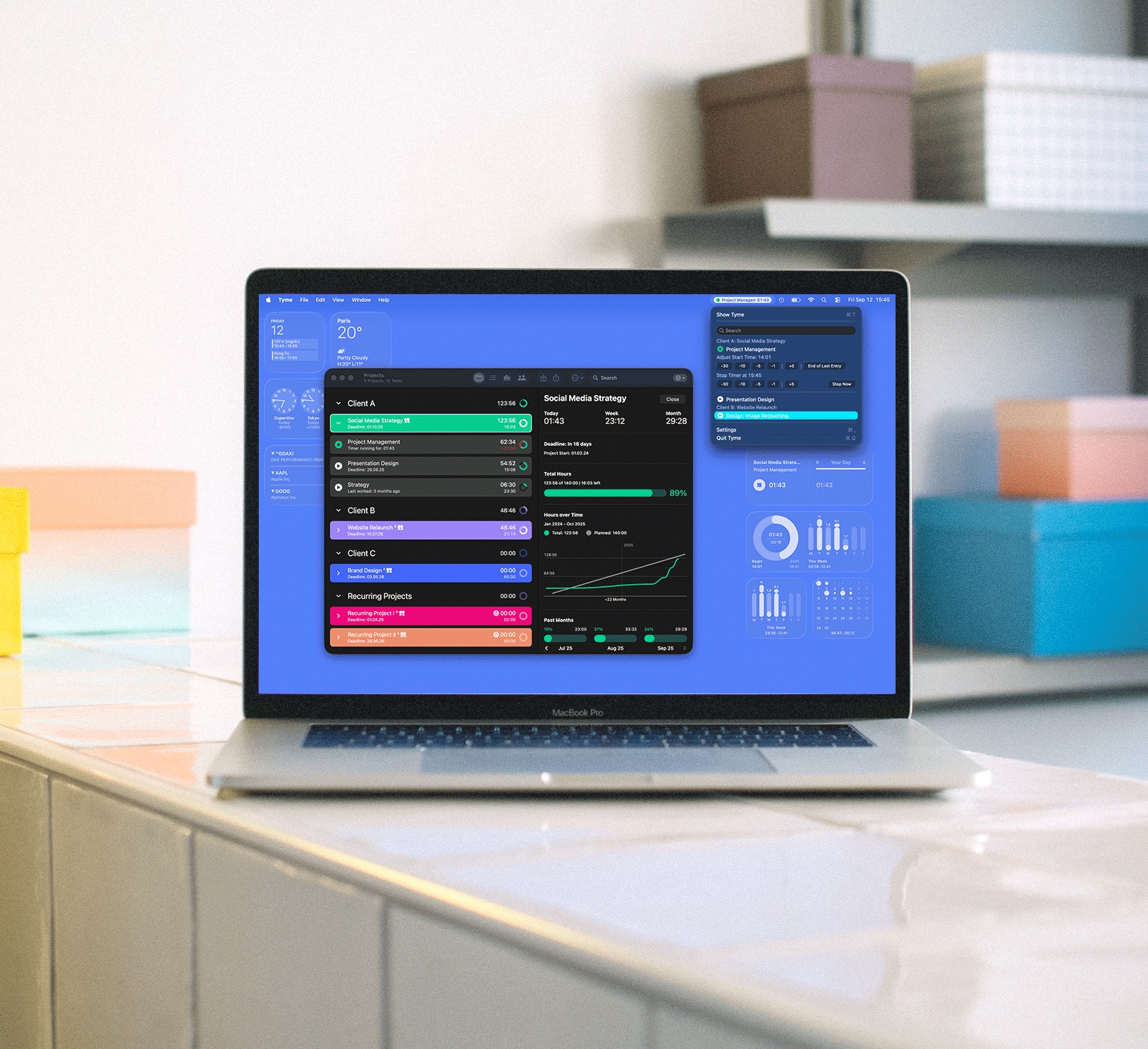 Tyme for Mac with additional features such as search, archive, widgets, CSV, hotkeys and more Tyme for Mac with additional features such as search, archive, widgets, CSV, hotkeys and more
