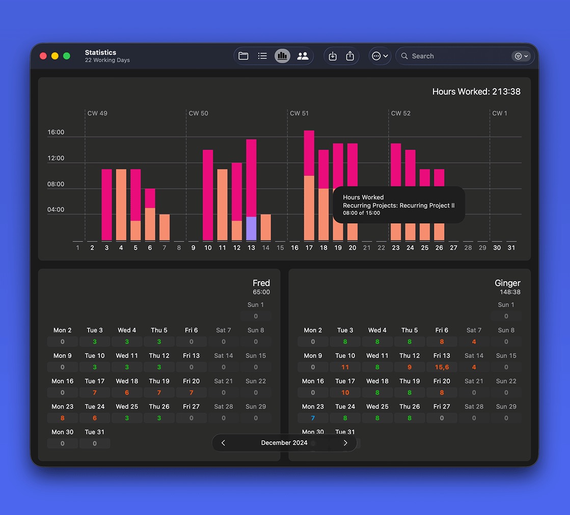 Screen with an overview of your team's working hours and workload Screen with an overview of your team's working hours and workload